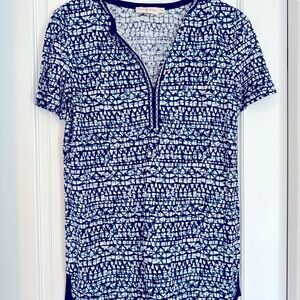 Palm beach, coastal Tory Burch tunic in blue ikat print with beaded neckline